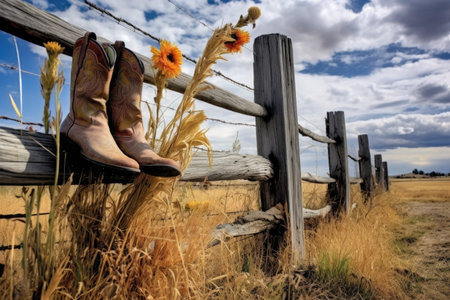 cowboy boots on a fence post in a rural setting, created with generative aiの素材