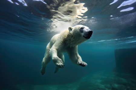 polar bear diving into freezing water for prey, created with generative aiの素材