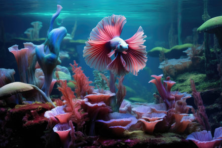 angelfish in a beautifully decorated tank, created with generative aiの素材