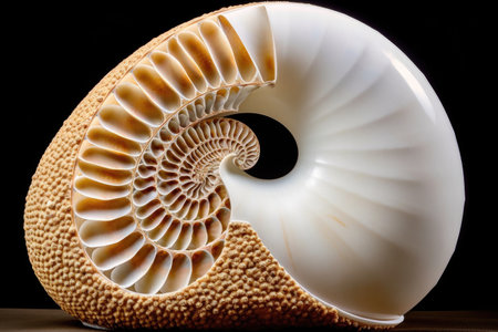 fibonacci sequence in nautilus shell close-up, created with generative aiの素材