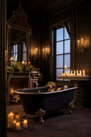luxurious bathroom with freestanding bathtub and candles, created with generative aiの素材