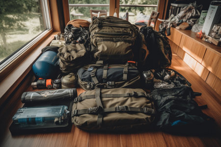 outdoor sports enthusiast, packing bag full of gear and supplies for the journey, created with generative aiの素材