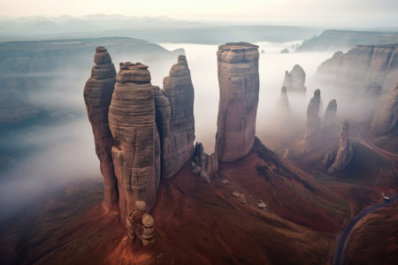 sandstone towers surrounded by a mystic foggy landscape, created with generative aiの素材