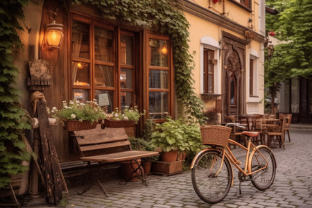 old-fashioned bike near charming european-style cafe, created with generative aiの素材