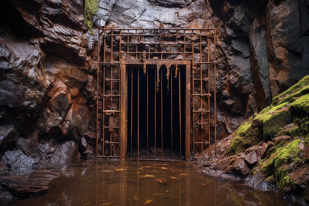 rusty metal gate closing off mine shaft, created with generative aiの素材