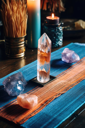 yoga mat and crystals arranged for a meditation session, created with generative aiの素材