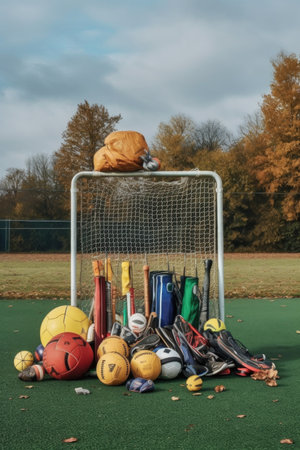sports equipment on a school field, created with generative aiの素材