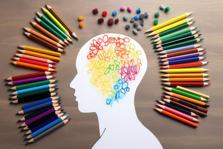 person, drawing mental health symbol with crayons and markers, created with generative aiの素材