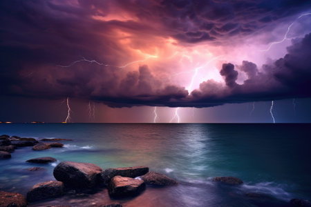 lightning illuminating dark storm clouds over ocean, created with generative aiの素材