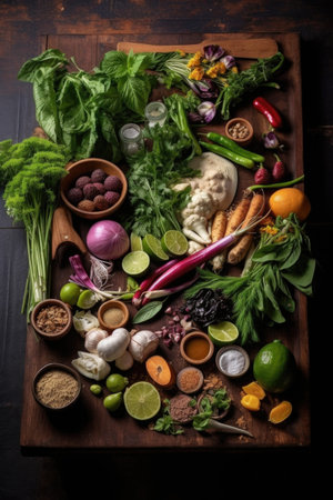 fresh ingredients displayed on a board, created with generative aiの素材
