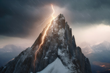 close-up of lightning strike on a mountain peak, created with generative aiの素材