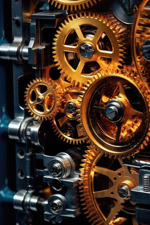 close-up of automated machinery gears in motion, created with generative aiの素材