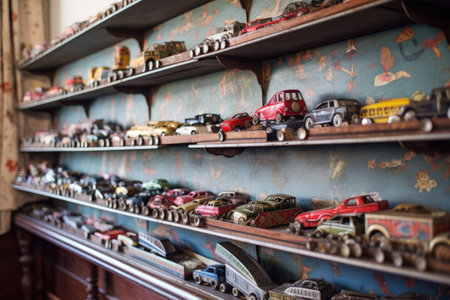 old tin toy cars displayed on aged shelves, created with generative aiの素材