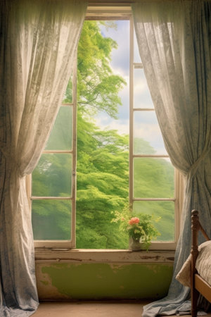 open window with breezy curtains overlooking serene nature scene, created with generative aiの素材