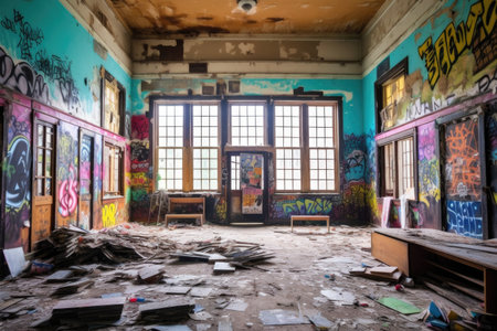 deserted school building with broken windows and graffiti, created with generative aiの素材