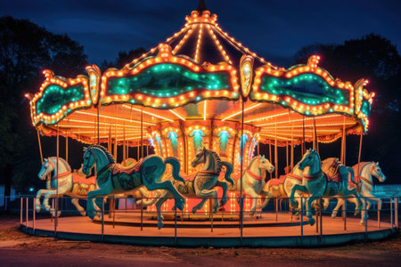 whimsical carousel horses with glowing lights at night, created with generative aiの素材