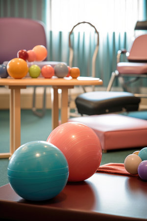 close-up of therapy equipment and exercise balls, created with generative aiの素材
