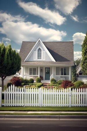 cozy suburban home with white picket fence, created with generative aiの素材