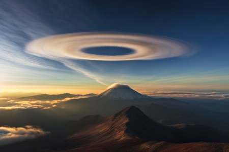 lenticular clouds forming a natural halo around a mountain summit, created with generative aiの素材