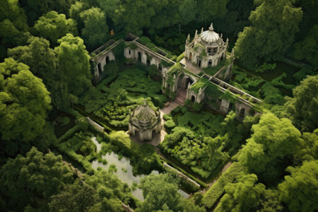 aerial view of monastery garden with lush greenery, created with generative aiの素材