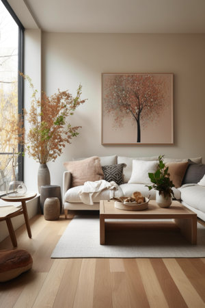 scandinavian-inspired living room with neutral tones, created with generative aiの素材