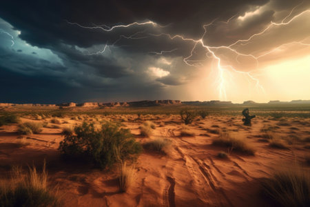 lightning storm casting eerie shadows on a desert landscape, created with generative aiの素材