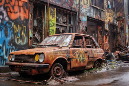 rusty car wreck with graffiti in an urban setting, created with generative aiの素材