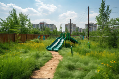 slide with a view of the playground, surrounded by greenery, created with generative aiの素材