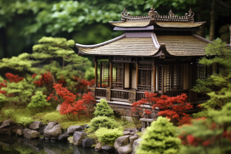 japanese tea house overlooking a peaceful garden, created with generative aiの素材