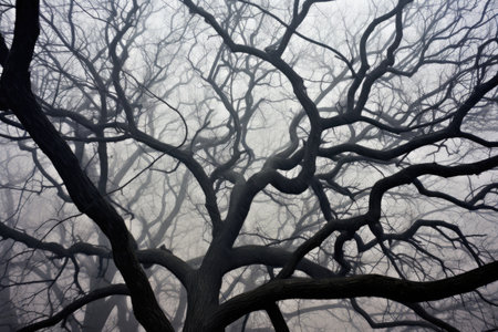 tree limbs creating abstract patterns in fog, created with generative aiの素材