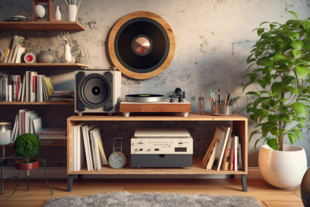 record player on bookshelf with modern interior, created with generative aiの素材