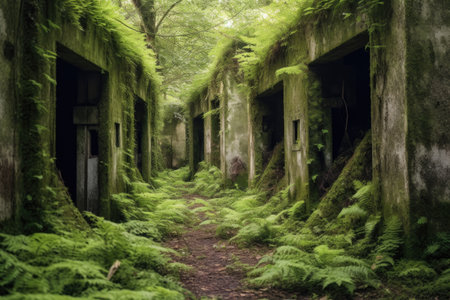 overgrown ammunition storage bunkers, created with generative aiの素材