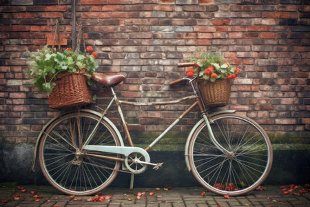 vintage bicycle leaning against rustic brick wall, created with generative aiの素材