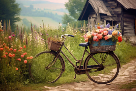 antique bicycle with flowers in the basket, nature background, created with generative aiの素材