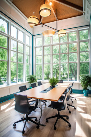 meeting room with large windows and natural light, created with generative aiの素材