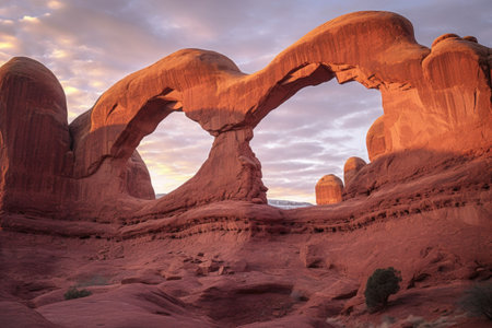 sunset illuminating sandstone archways, created with generative aiの素材