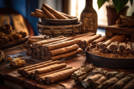 close-up of freshly rolled cigars on wooden table, created with generative aiの素材