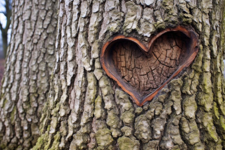 oak tree trunk with heart-shaped knot in bark, created with generative aiの素材
