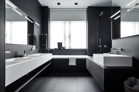 minimalist bathroom, with sleek sinks and faucets, clean lines, and open space, created with generative aiの素材