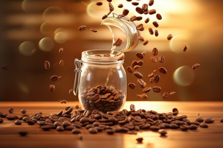 coffee beans falling into glass jar with soft light, created with generative aiの素材