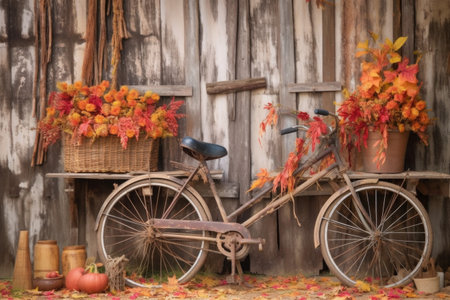 rustic bicycle with colorful autumn leaves backdrop, created with generative aiの素材