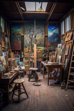 an artists studio filled with paintings, created with generative aiの素材