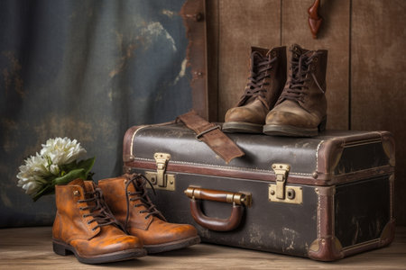 aged leather boots with a vintage suitcase, travel concept, created with generative aiの素材