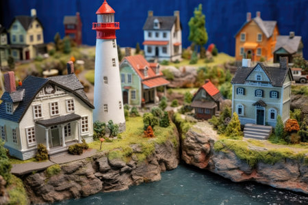 miniature coastal village with lighthouse and boats, created with generative aiの素材