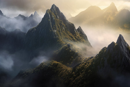 misty morning shadows from towering peaks, created with generative aiの素材