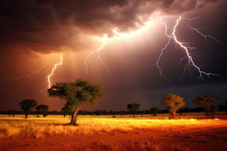 lightning storm illuminating the vast savanna, created with generative aiの素材