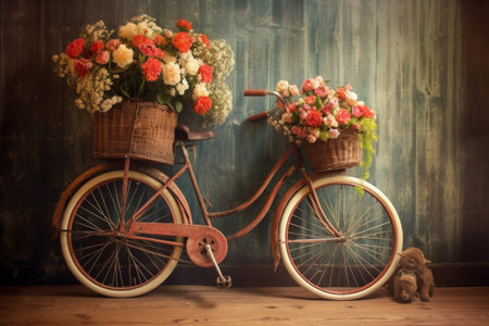 retro bicycle with basket full of flowers, created with generative aiの素材