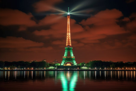 dramatic night shot of illuminated iconic landmark, created with generative ai