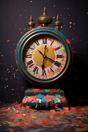 clock striking midnight with confetti burst, created with generative aiの素材