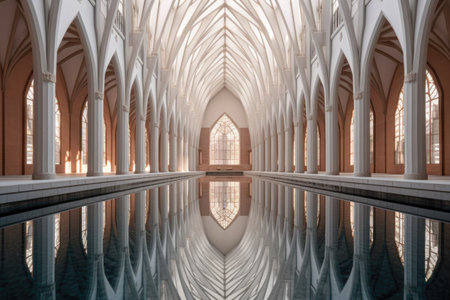 symmetrical architecture mirrored in a still pool, created with generative aiの素材